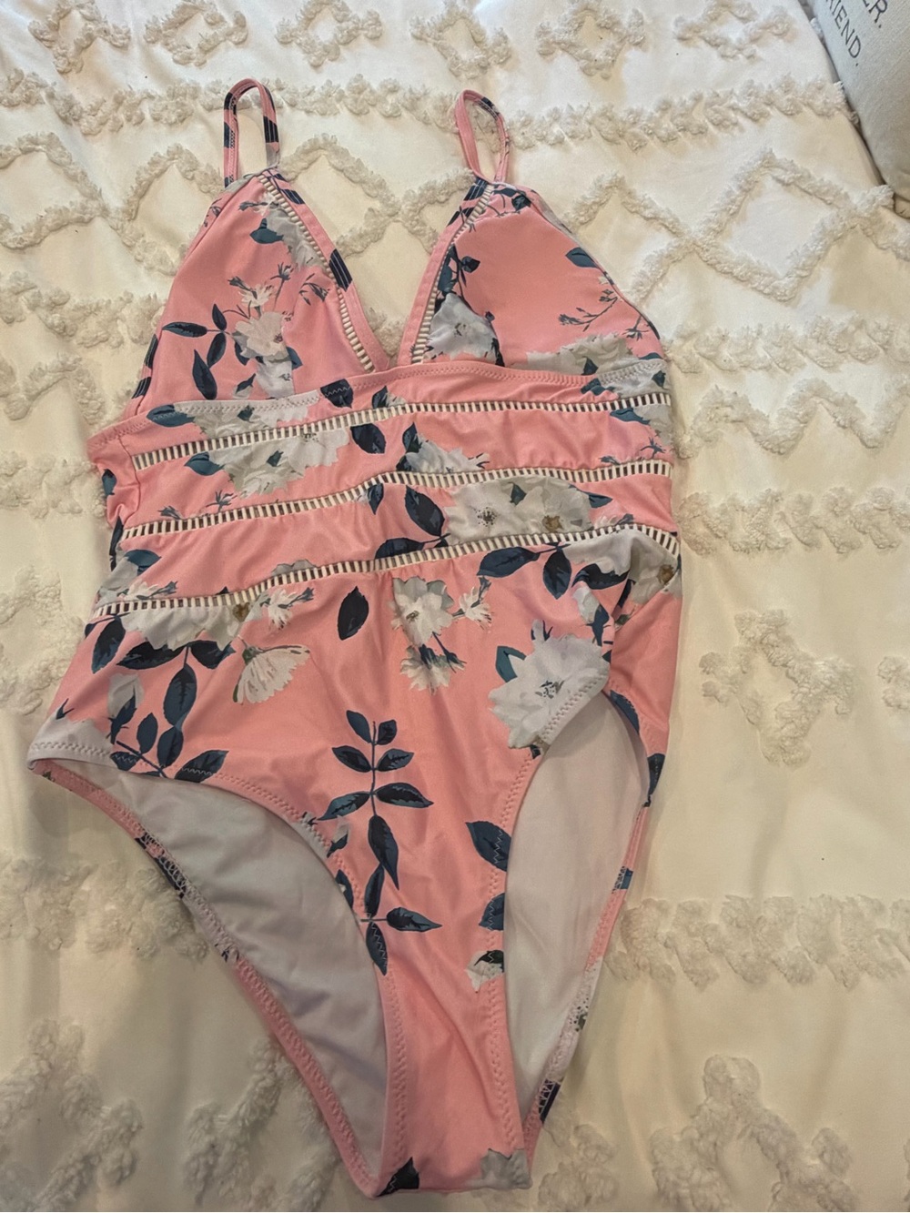 Pink Floral One-Piece Swimsuit with Lace-Inset Detail